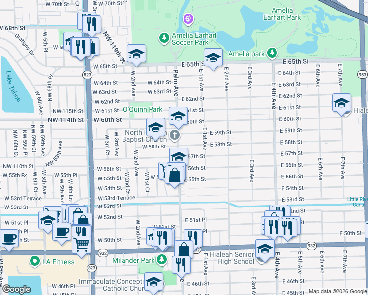 map of restaurants, bars, coffee shops, grocery stores, and more near 5785 Palm Avenue in Hialeah