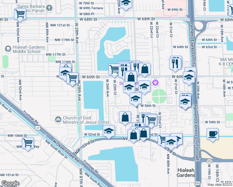 map of restaurants, bars, coffee shops, grocery stores, and more near 5825 West 25th Court in Hialeah