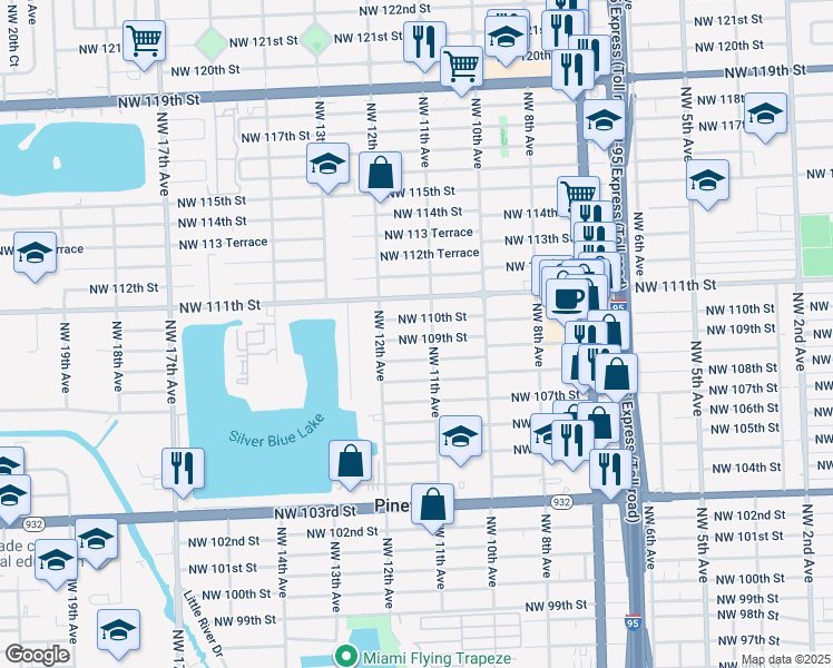 map of restaurants, bars, coffee shops, grocery stores, and more near 1125 Northwest 109th Street in Miami