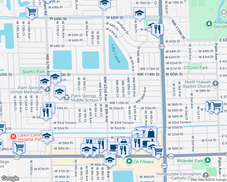 map of restaurants, bars, coffee shops, grocery stores, and more near 11125 Northwest 61st Avenue in Hialeah