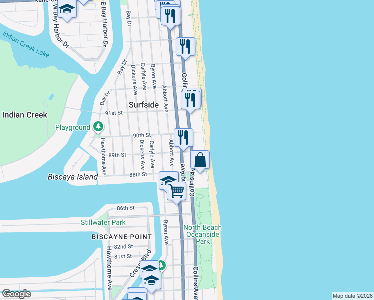 map of restaurants, bars, coffee shops, grocery stores, and more near 8900 Collins Avenue in Surfside