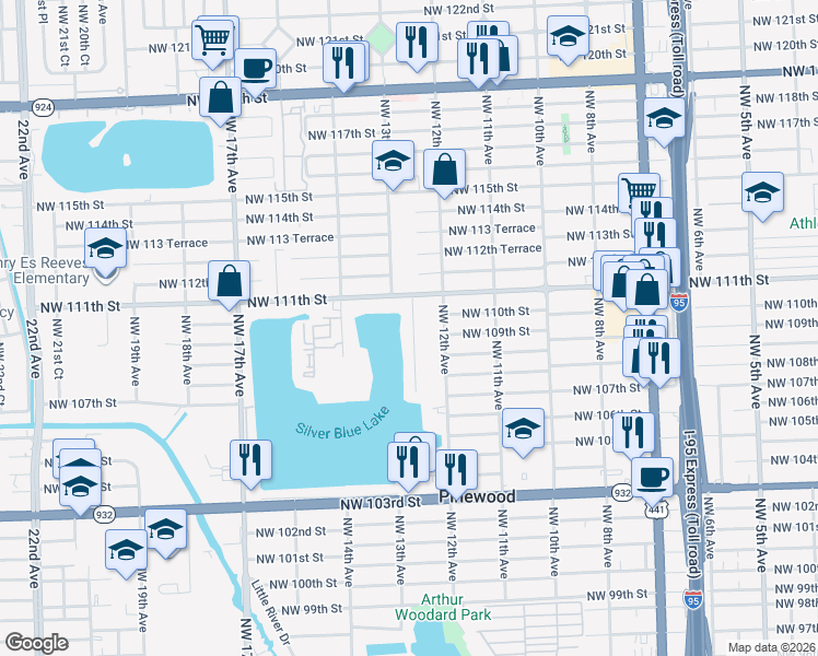 map of restaurants, bars, coffee shops, grocery stores, and more near 10930 Northwest 12th Court in Miami