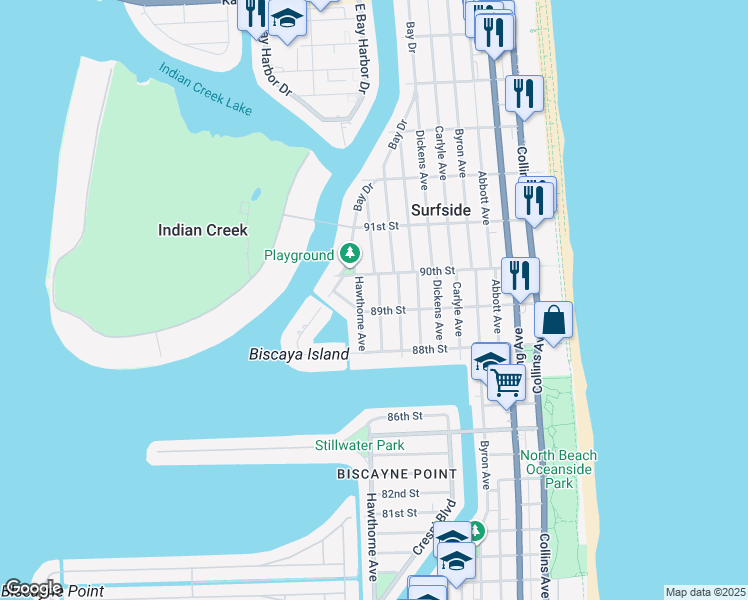 map of restaurants, bars, coffee shops, grocery stores, and more near 8918 Garland Avenue in Surfside