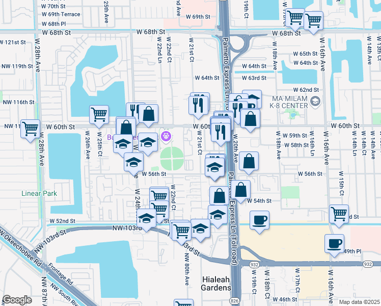 map of restaurants, bars, coffee shops, grocery stores, and more near 2178 West 60th Street in Hialeah