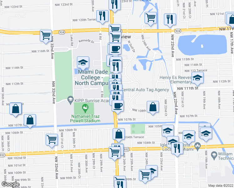 map of restaurants, bars, coffee shops, grocery stores, and more near 11035 NW 27th Ave in Miami