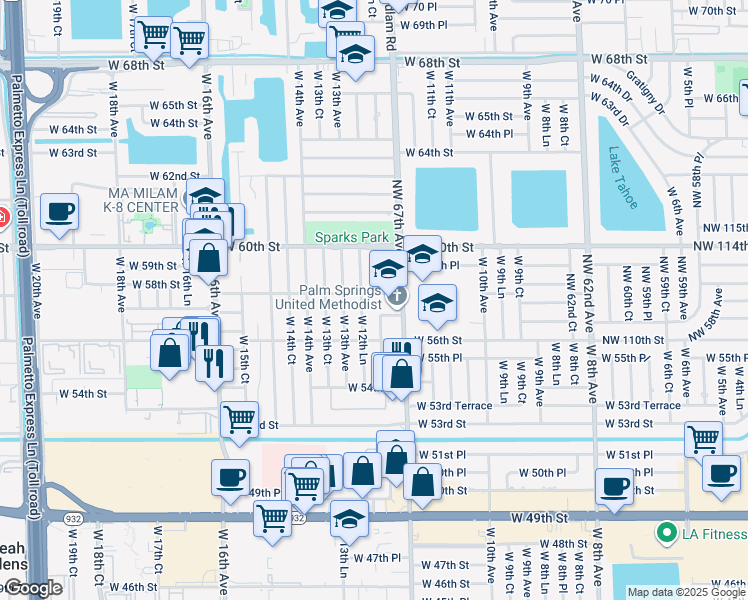 map of restaurants, bars, coffee shops, grocery stores, and more near 1250 West 58th Street in Hialeah