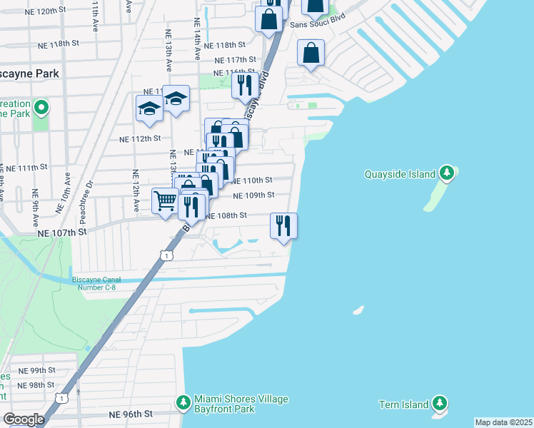 map of restaurants, bars, coffee shops, grocery stores, and more near 1591 Northeast 108th Street in Miami