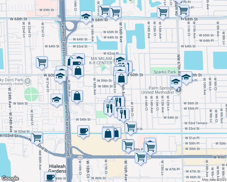 map of restaurants, bars, coffee shops, grocery stores, and more near 5765 West 16th Lane in Hialeah