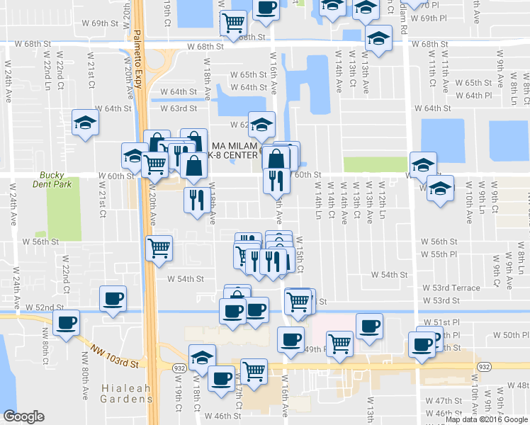 map of restaurants, bars, coffee shops, grocery stores, and more near 5765 West 16th Lane in Hialeah