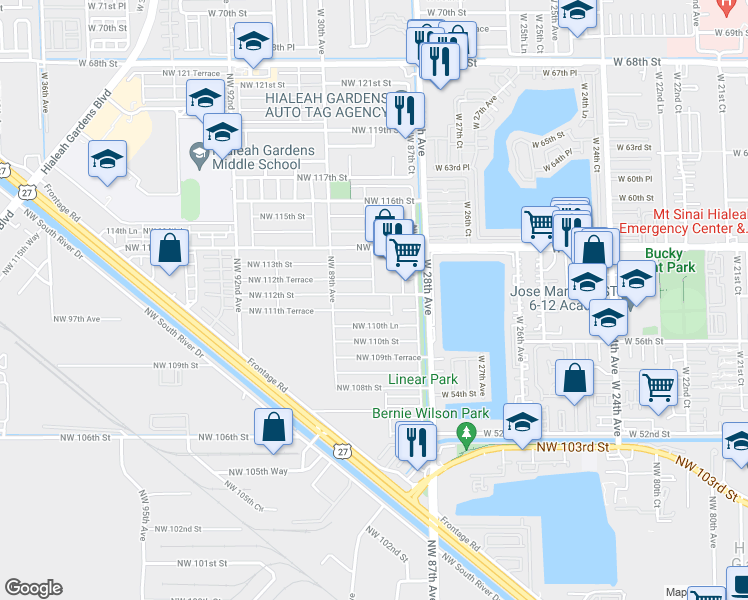 map of restaurants, bars, coffee shops, grocery stores, and more near 8798 Northwest 112th Street in Hialeah Gardens