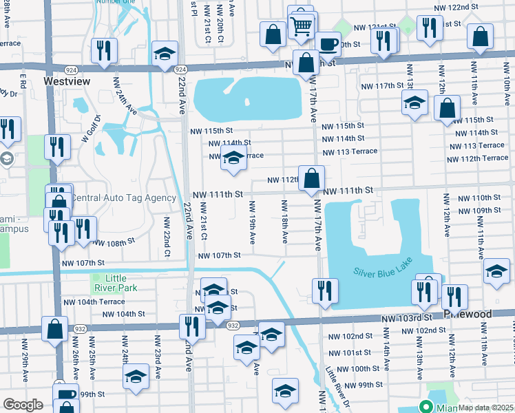 map of restaurants, bars, coffee shops, grocery stores, and more near 11021 Northwest 19th Avenue in Miami