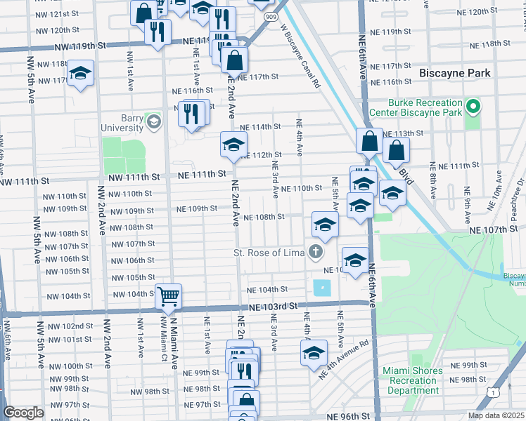 map of restaurants, bars, coffee shops, grocery stores, and more near 231 Northeast 108th Street in Miami