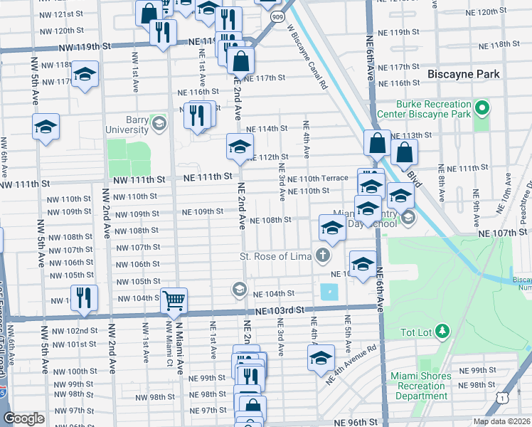 map of restaurants, bars, coffee shops, grocery stores, and more near 231 Northeast 108th Street in Miami