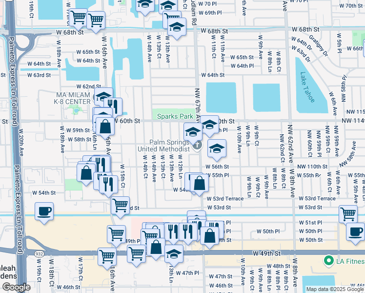 map of restaurants, bars, coffee shops, grocery stores, and more near 1250 West 58th Street in Hialeah