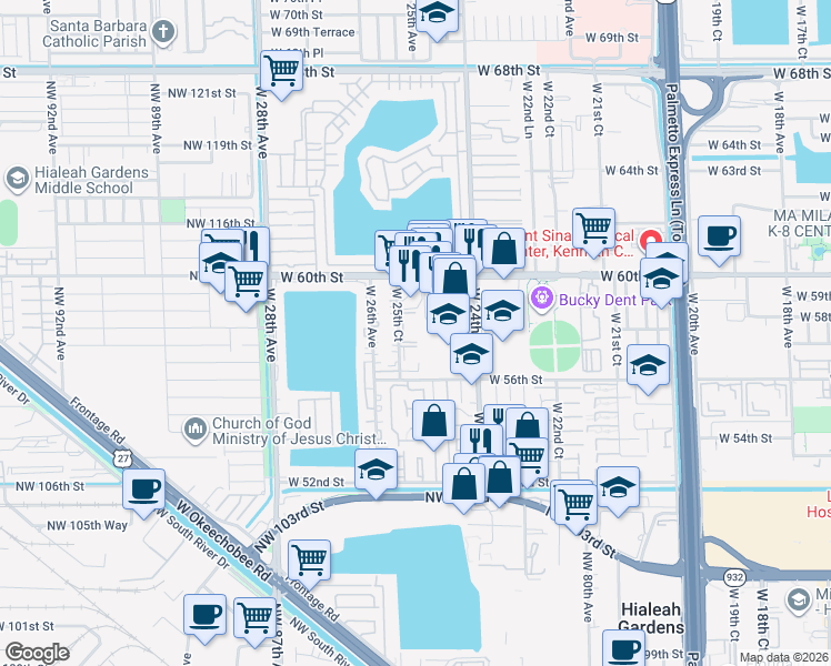 map of restaurants, bars, coffee shops, grocery stores, and more near 5825 West 25th Court in Hialeah