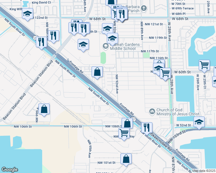 map of restaurants, bars, coffee shops, grocery stores, and more near 11115 West Okeechobee Road in Hialeah