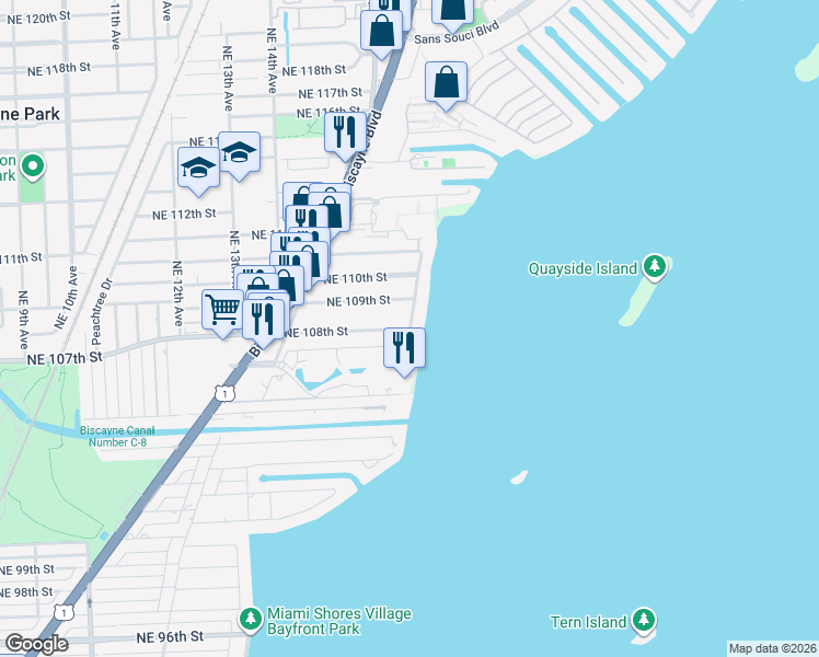 map of restaurants, bars, coffee shops, grocery stores, and more near 7904 North Bayshore Drive in Miami