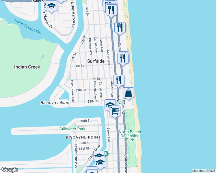 map of restaurants, bars, coffee shops, grocery stores, and more near 8911 Byron Avenue in Surfside