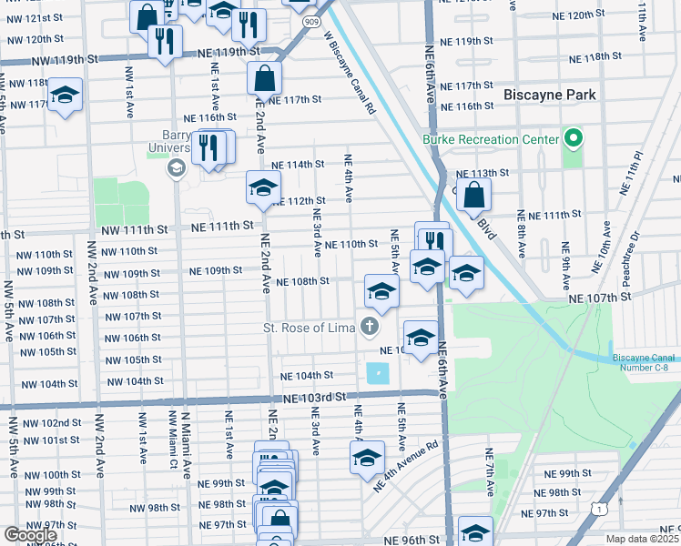 map of restaurants, bars, coffee shops, grocery stores, and more near 347 Northeast 108th Street in Miami