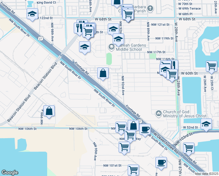 map of restaurants, bars, coffee shops, grocery stores, and more near 11115 West Okeechobee Road in Hialeah