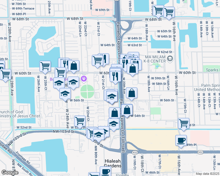 map of restaurants, bars, coffee shops, grocery stores, and more near 5792 West 58th Street in Hialeah