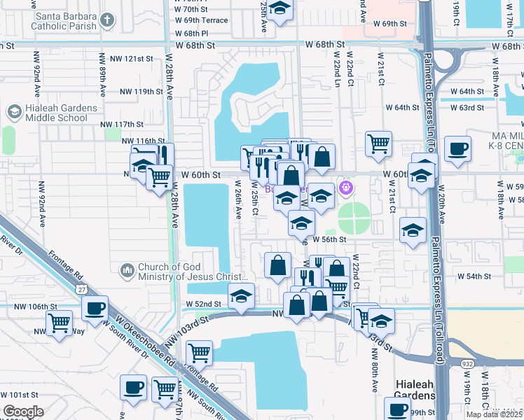map of restaurants, bars, coffee shops, grocery stores, and more near 5825 West 25th Court in Hialeah