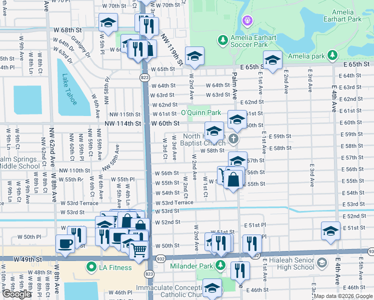 map of restaurants, bars, coffee shops, grocery stores, and more near 5781 West 2nd Court in Hialeah