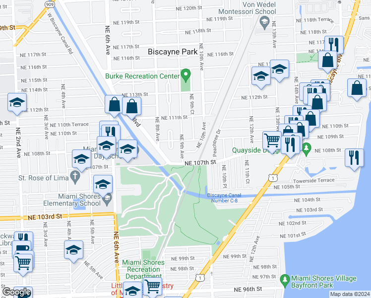 map of restaurants, bars, coffee shops, grocery stores, and more near 10801 Northeast 9th Avenue in Biscayne Park