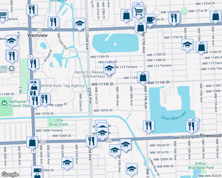 map of restaurants, bars, coffee shops, grocery stores, and more near 2024 Northwest 111th Street in Miami