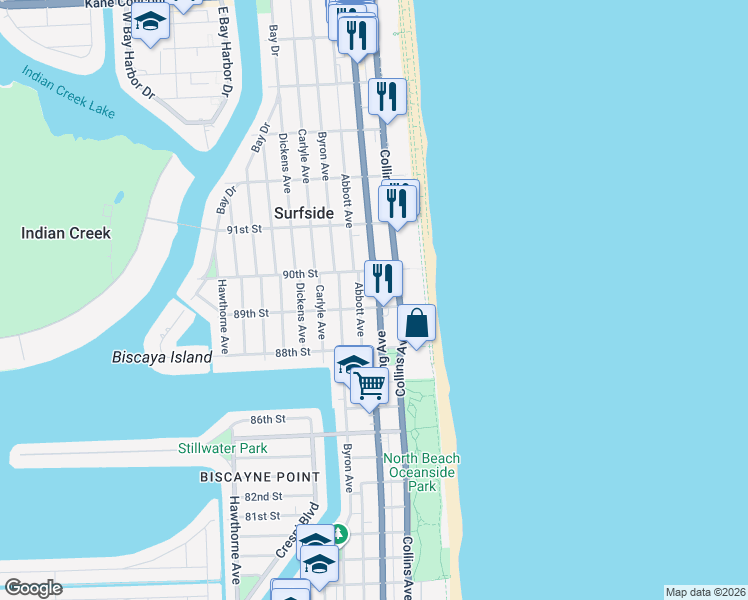 map of restaurants, bars, coffee shops, grocery stores, and more near 8910 Harding Avenue in Surfside