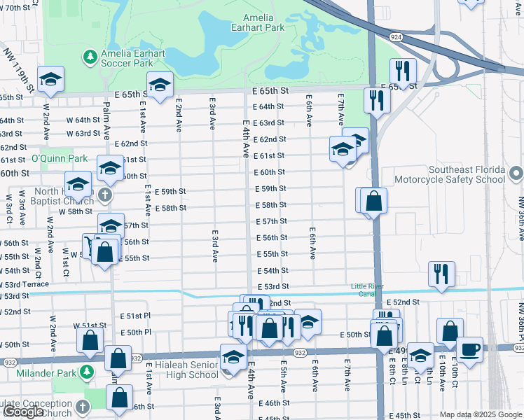 map of restaurants, bars, coffee shops, grocery stores, and more near 440 East 58th Street in Hialeah