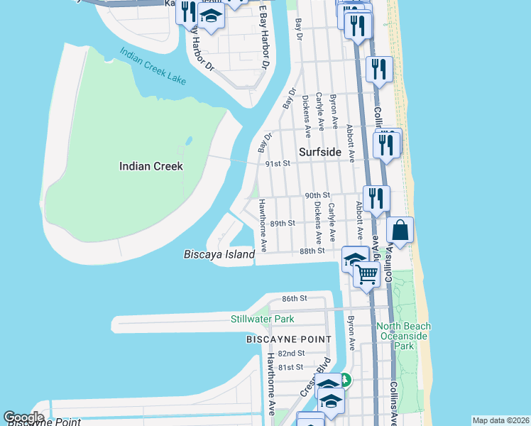 map of restaurants, bars, coffee shops, grocery stores, and more near 8918 Garland Avenue in Surfside