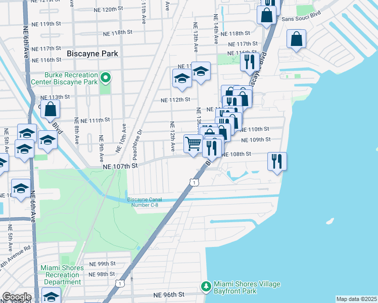 map of restaurants, bars, coffee shops, grocery stores, and more near 1251 Northeast 108th Street in Miami