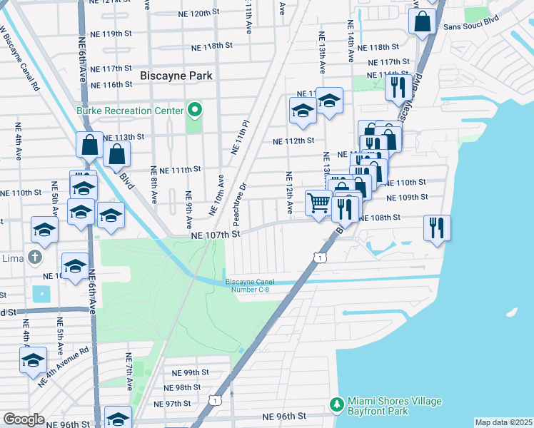map of restaurants, bars, coffee shops, grocery stores, and more near 10825 Northeast 11th Avenue in Biscayne Park