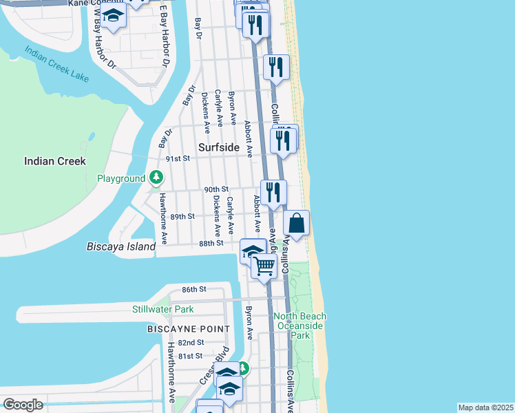 map of restaurants, bars, coffee shops, grocery stores, and more near 8910 Harding Avenue in Surfside