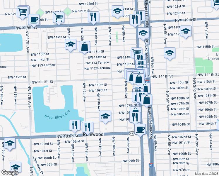 map of restaurants, bars, coffee shops, grocery stores, and more near 10925 Northwest 10th Avenue in Miami