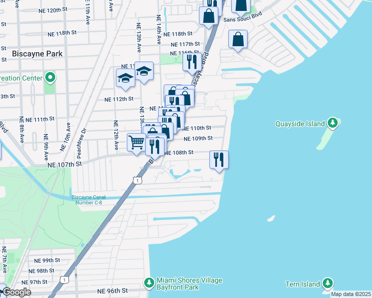 map of restaurants, bars, coffee shops, grocery stores, and more near 1491 Northeast 108th Street in Miami