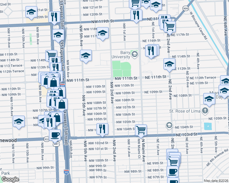 map of restaurants, bars, coffee shops, grocery stores, and more near 175 Northwest 109th Street in Miami Shores
