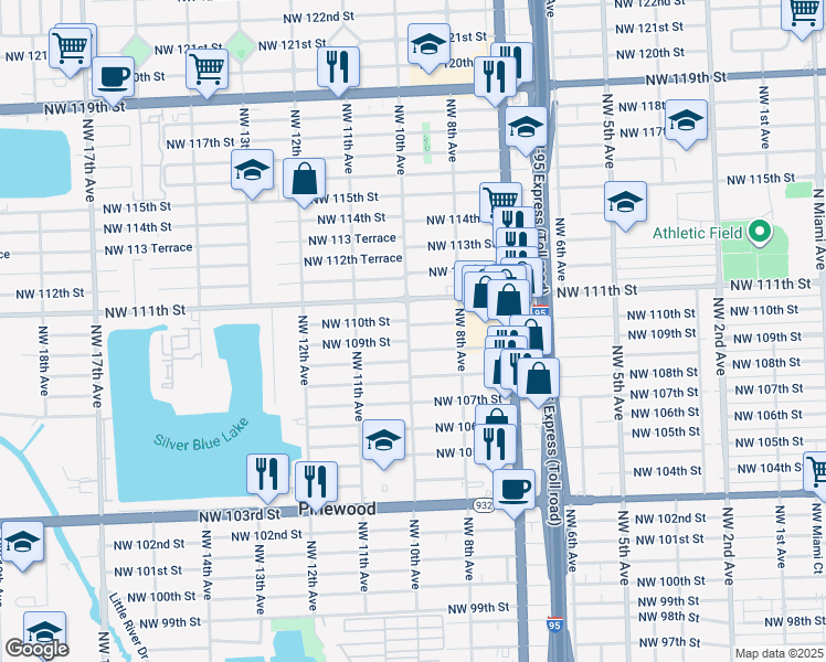 map of restaurants, bars, coffee shops, grocery stores, and more near 10925 Northwest 10th Avenue in Miami