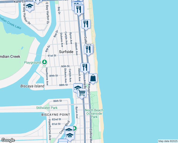 map of restaurants, bars, coffee shops, grocery stores, and more near 8911 Collins Avenue in Surfside