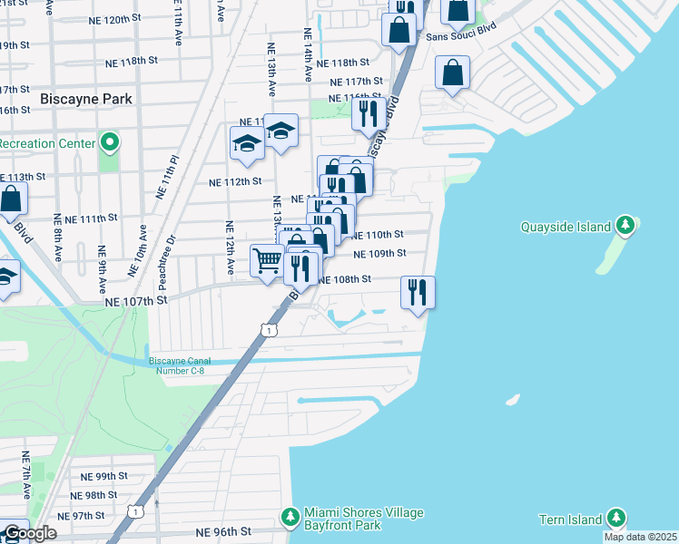 map of restaurants, bars, coffee shops, grocery stores, and more near 10823 Biscayne Boulevard in Miami