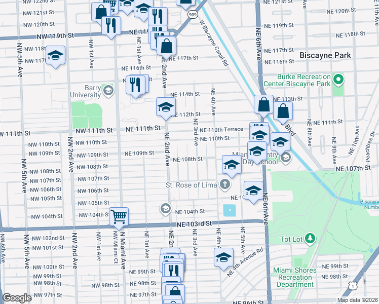 map of restaurants, bars, coffee shops, grocery stores, and more near 297 Northeast 108th Street in Miami