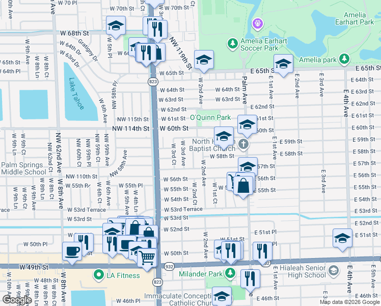 map of restaurants, bars, coffee shops, grocery stores, and more near 5781 West 2nd Court in Hialeah