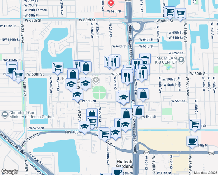 map of restaurants, bars, coffee shops, grocery stores, and more near 2178 West 60th Street in Hialeah