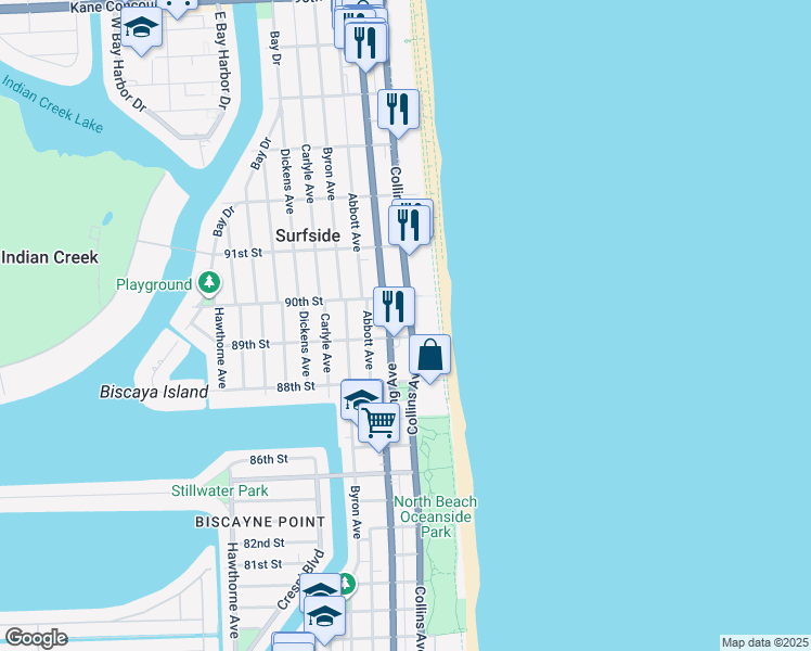 map of restaurants, bars, coffee shops, grocery stores, and more near 8910 Harding Avenue in Surfside