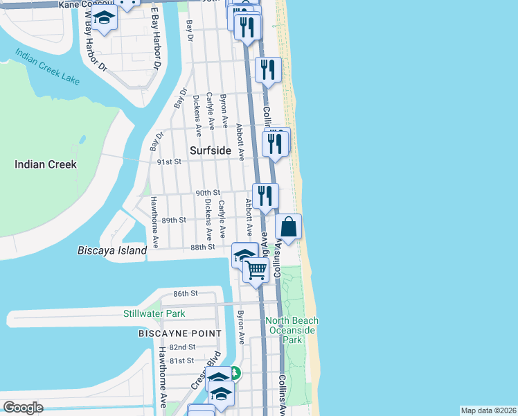 map of restaurants, bars, coffee shops, grocery stores, and more near 8900 Harding Avenue in Surfside