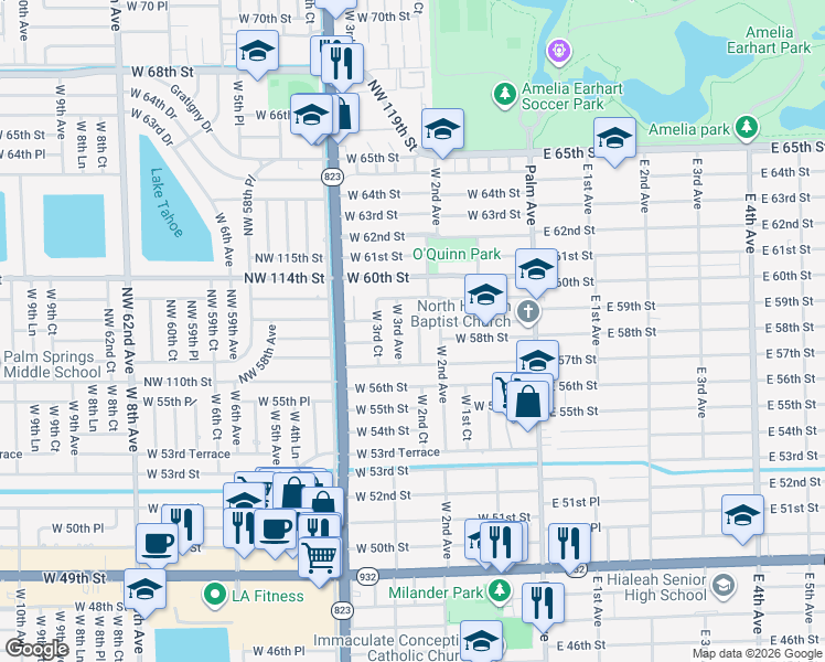 map of restaurants, bars, coffee shops, grocery stores, and more near 5781 West 2nd Court in Hialeah