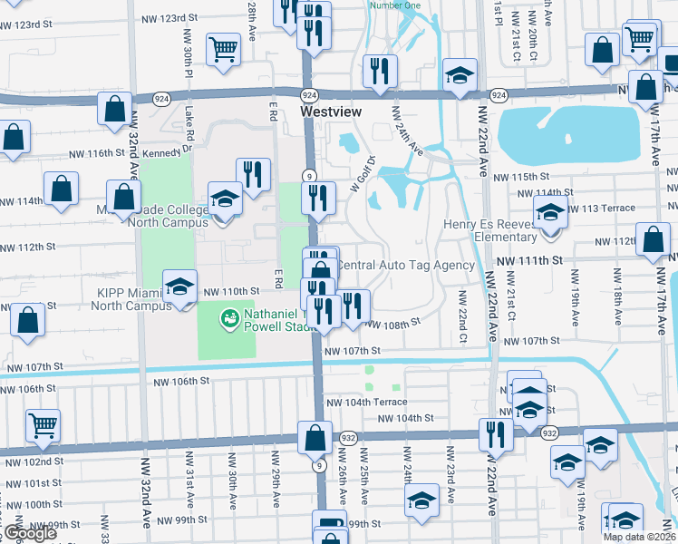 map of restaurants, bars, coffee shops, grocery stores, and more near 11040 Northwest 25th Avenue in Miami