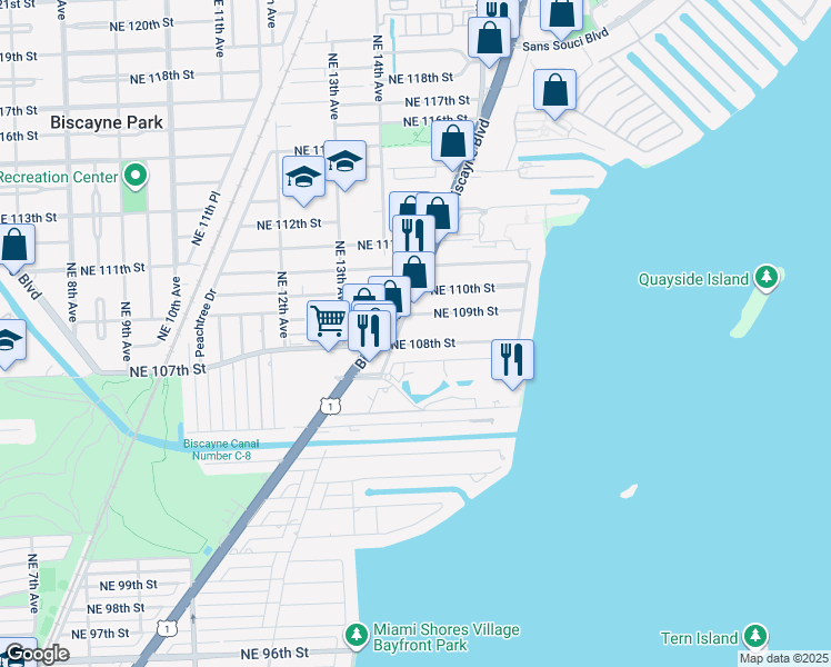 map of restaurants, bars, coffee shops, grocery stores, and more near 10823 Biscayne Boulevard in Miami