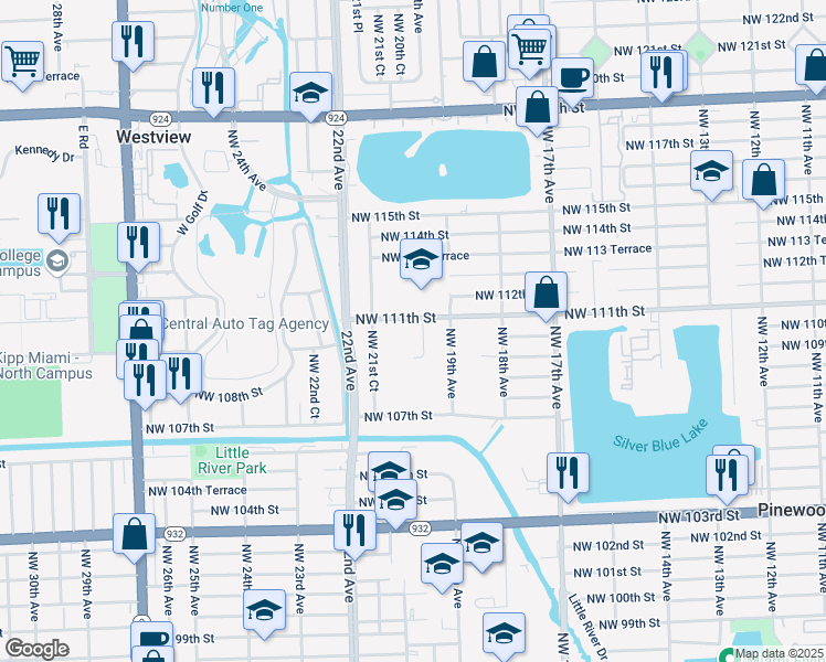 map of restaurants, bars, coffee shops, grocery stores, and more near 2024 Northwest 111th Street in Miami